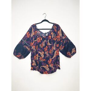 Unique Spectrum 3X Boho Paisley Floral Crochet Sleeve Peasant Top